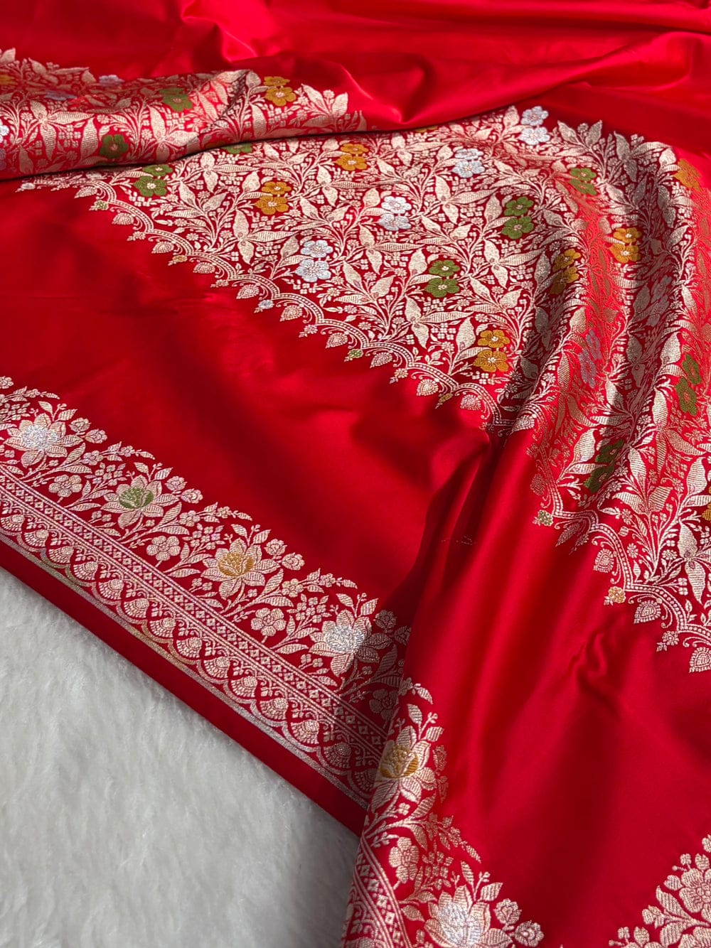 Banarasi Mashru silk meena kari work saree in red colour
