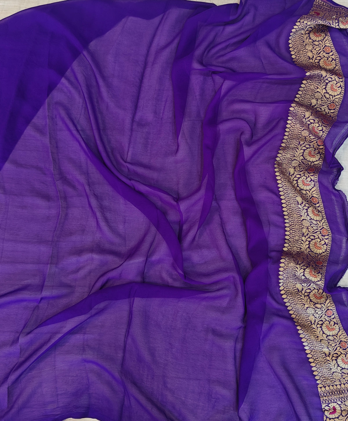 Pure georgette banarasi saree in purple colour with multiple meenakari work