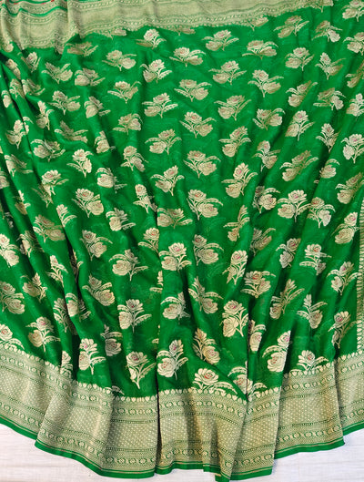 Pure georgette banarasi saree in green colour with multiple meenakari work
