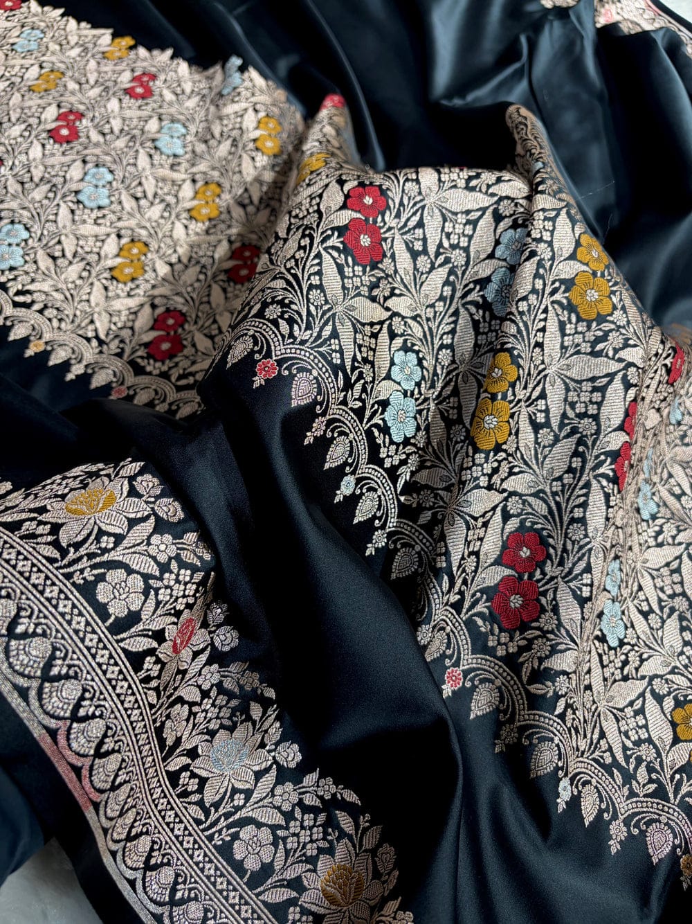 Banarasi Mashru silk meena kari work saree in black colour