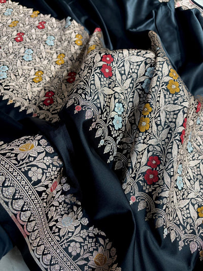 Banarasi Mashru silk meena kari work saree in black colour