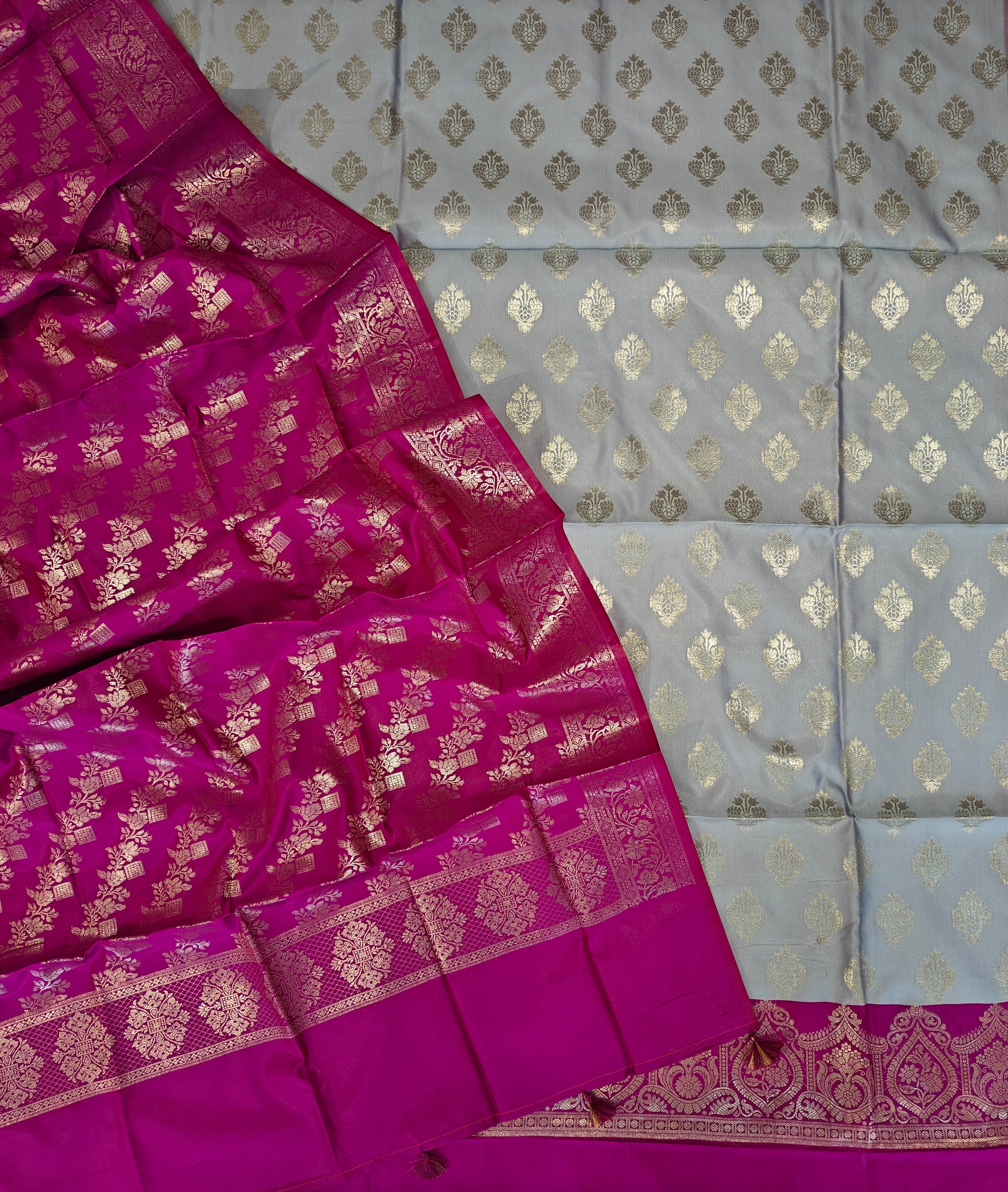 Banarasi soft silk suit in grey and Rani colour combination