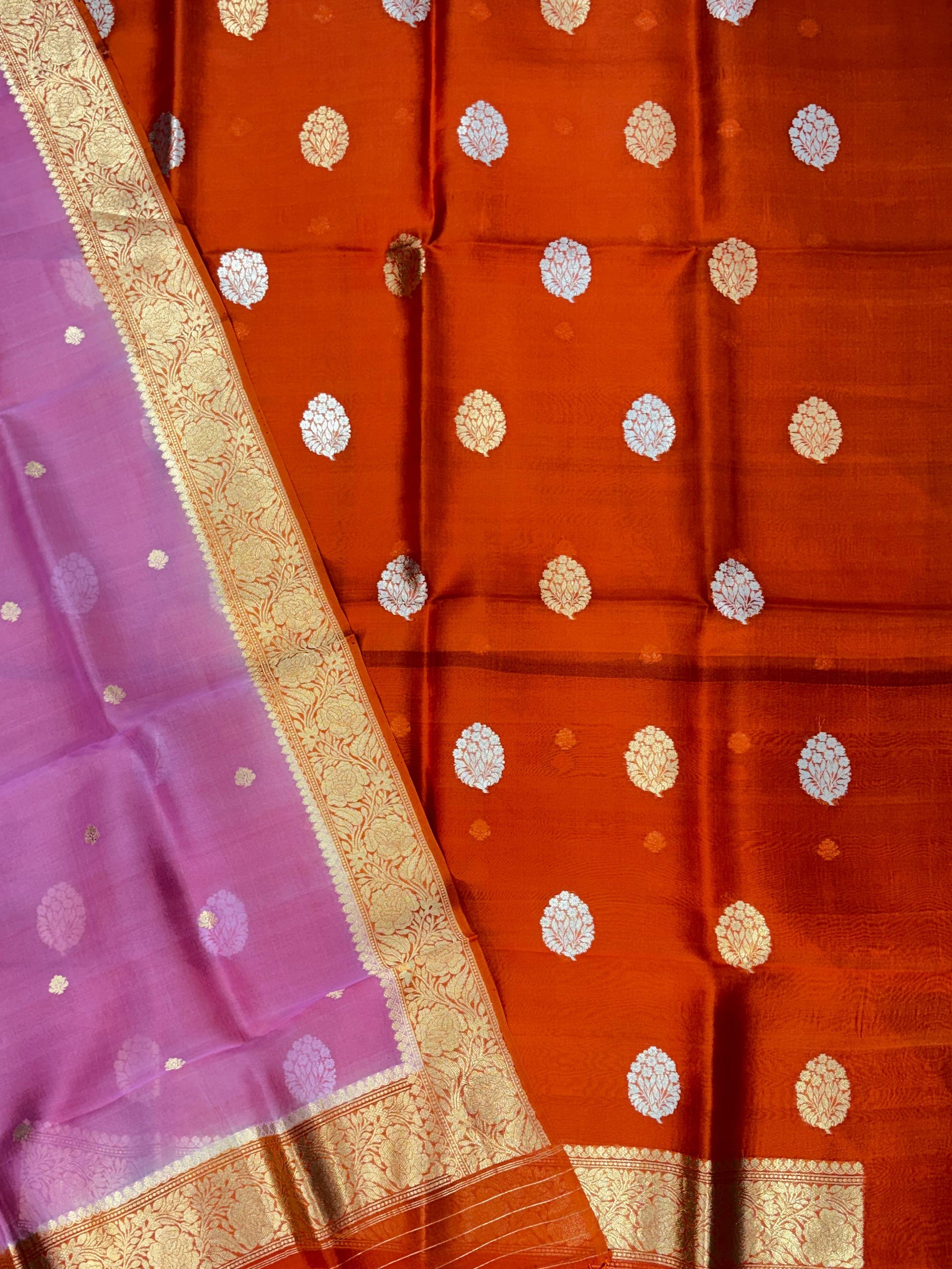Pure Handloom Kora silk suit set in orange and lavender colour with meenakari work