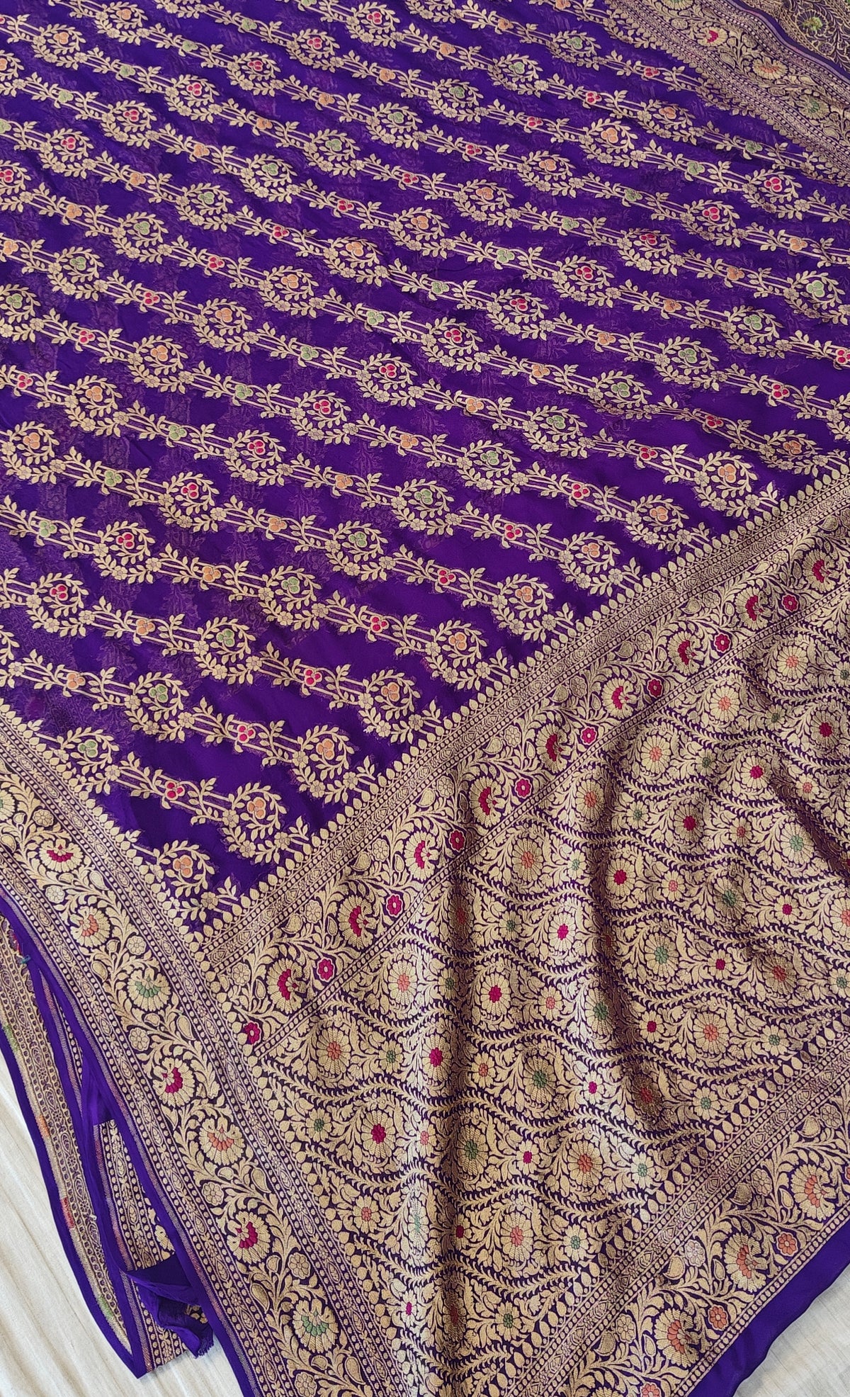 Pure georgette banarasi saree in purple colour with multiple meenakari work