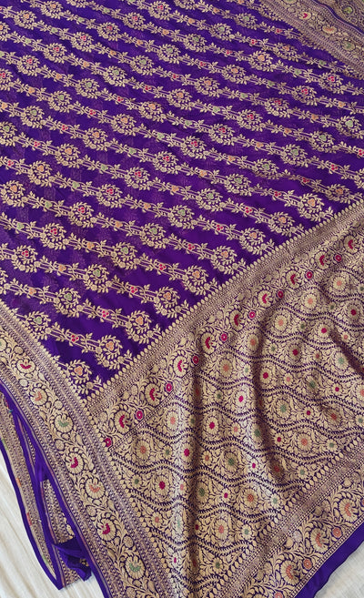 Pure georgette banarasi saree in purple colour with multiple meenakari work