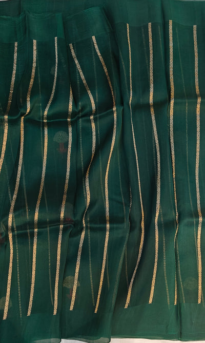 Pure handloom kora silk saree in stripes design with meenakari work in bottle green colour