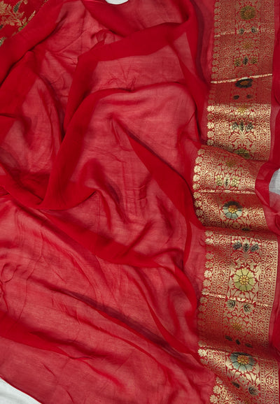 Red colour jaal georgette silk Banarasi saree with multiple meenakari work