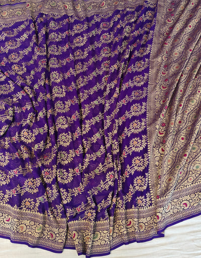 Pure georgette banarasi saree in purple colour with multiple meenakari work