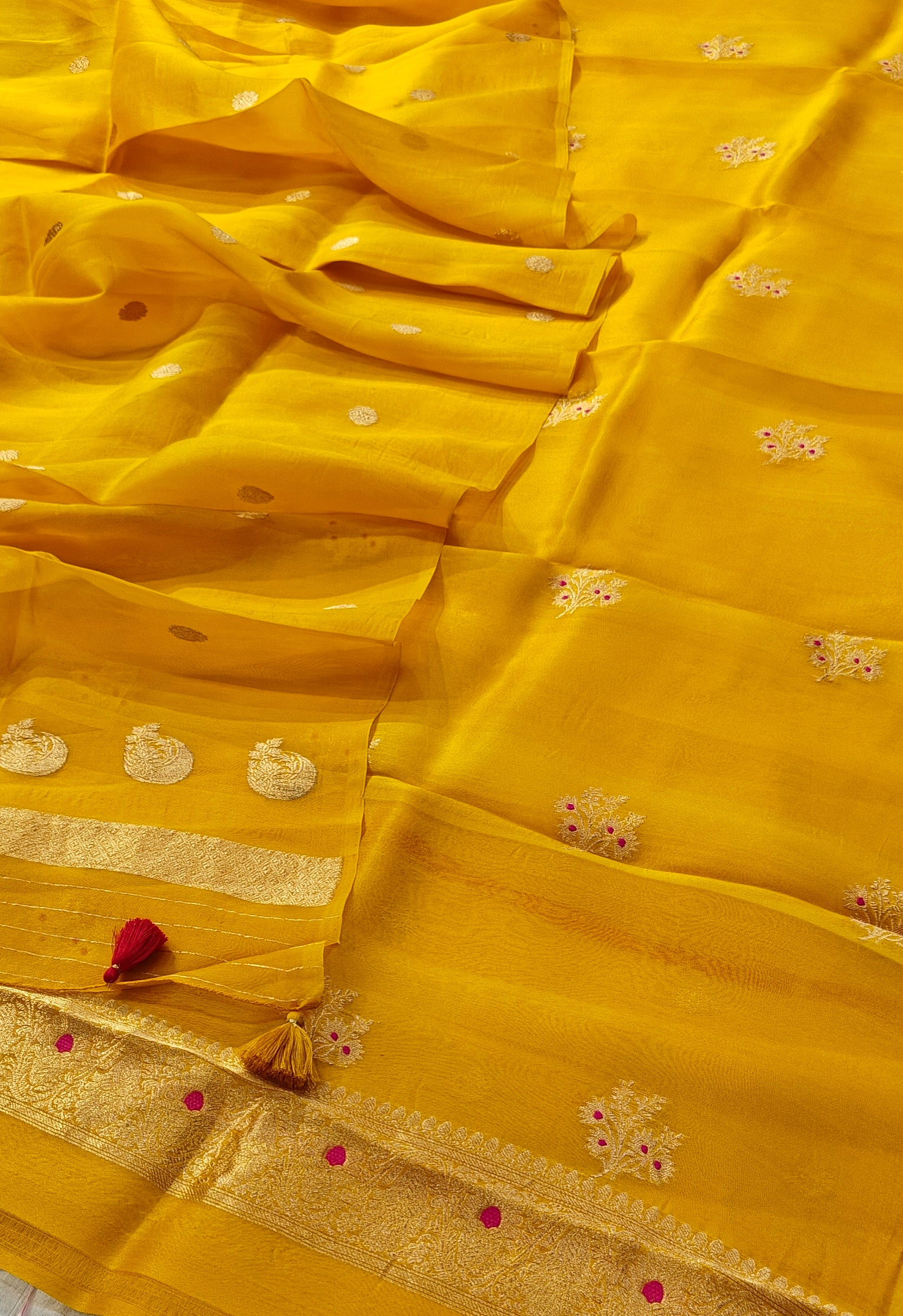 Pure Handloom Kora silk suit set in mustar yellow colour with meenakari work