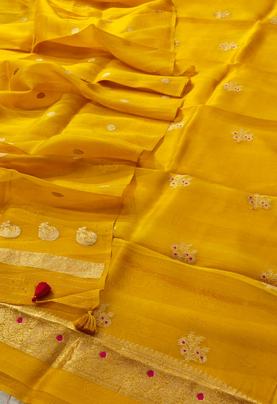 Pure Handloom Kora silk suit set in mustar yellow colour with meenakari work