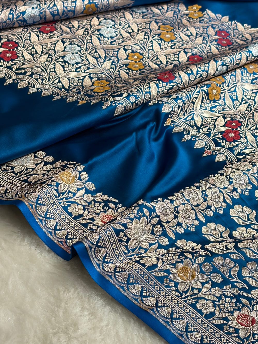 Banarasi Mashru silk meena kari work saree in peacock blue colour