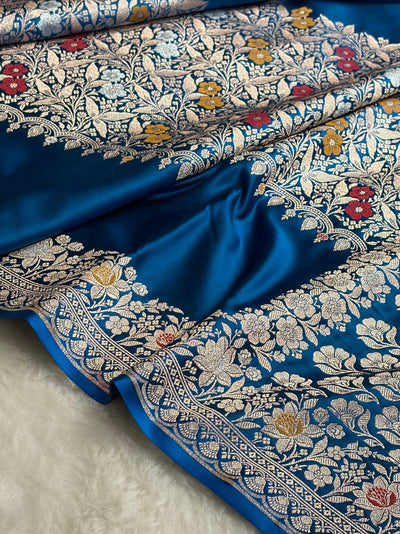 Banarasi Mashru silk meena kari work saree in peacock blue colour