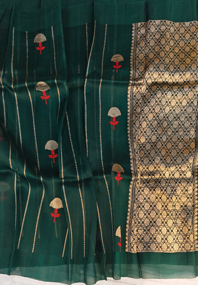 Pure handloom kora silk saree in stripes design with meenakari work in bottle green colour