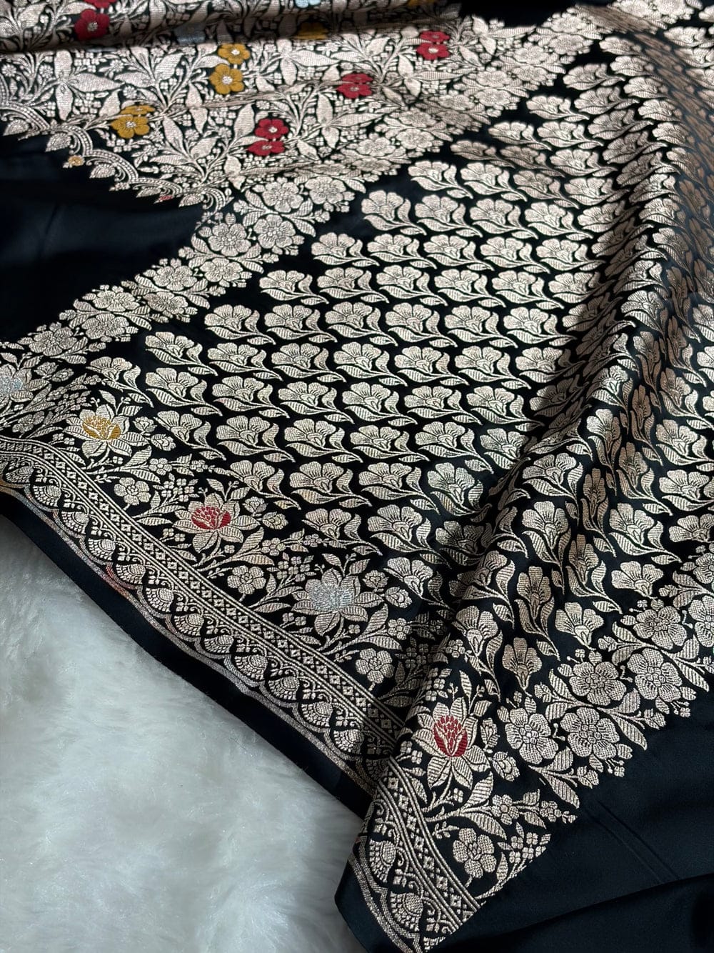 Banarasi Mashru silk meena kari work saree in black colour