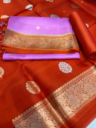 Pure Handloom Kora silk suit set in orange and lavender colour with meenakari work