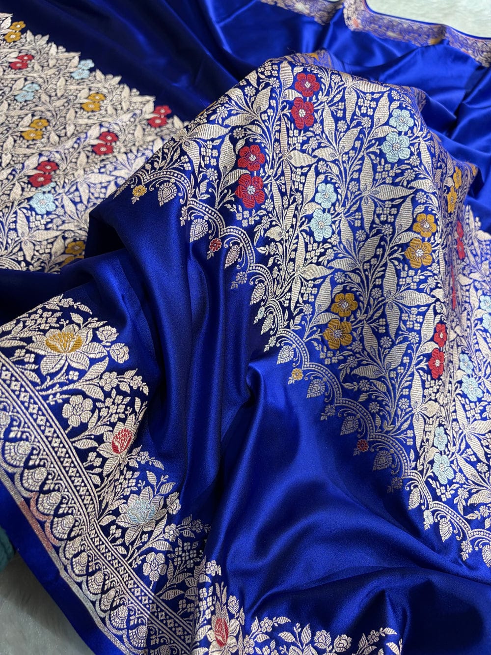 Banarasi Mashru silk meena kari work saree in royal blue colour