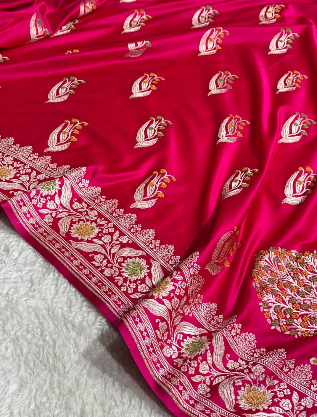 Banarasi Mashru silk meena kari work saree in cherry red colour