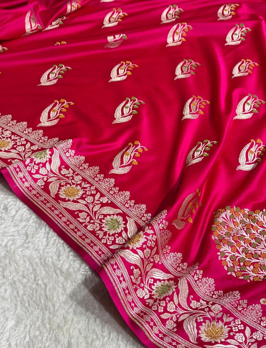 Banarasi Mashru silk meena kari work saree in cherry red colour