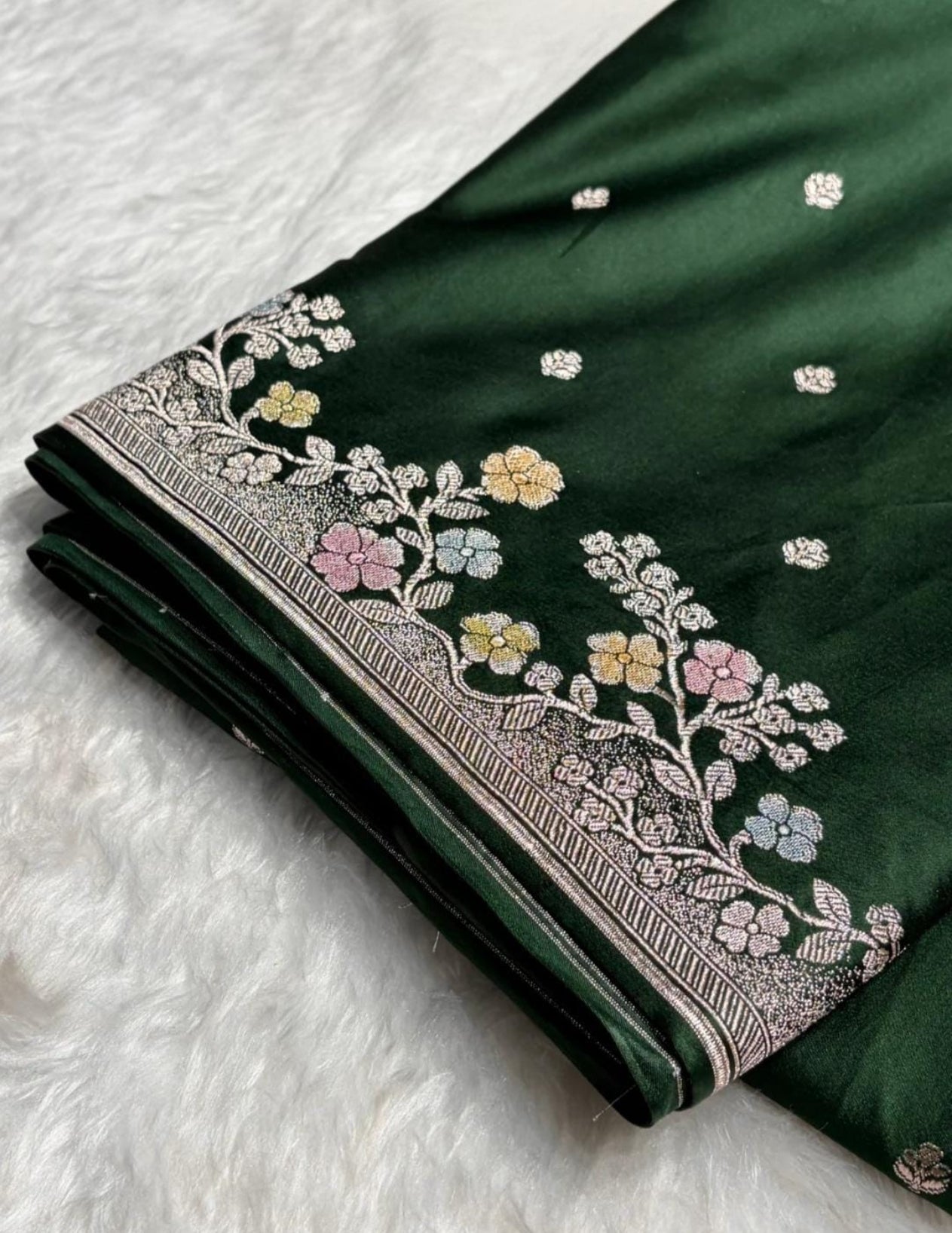 Banarasi Mashru silk saree in bottle green colour with handbrush paint work