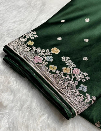 Banarasi Mashru silk saree in bottle green colour with handbrush paint work
