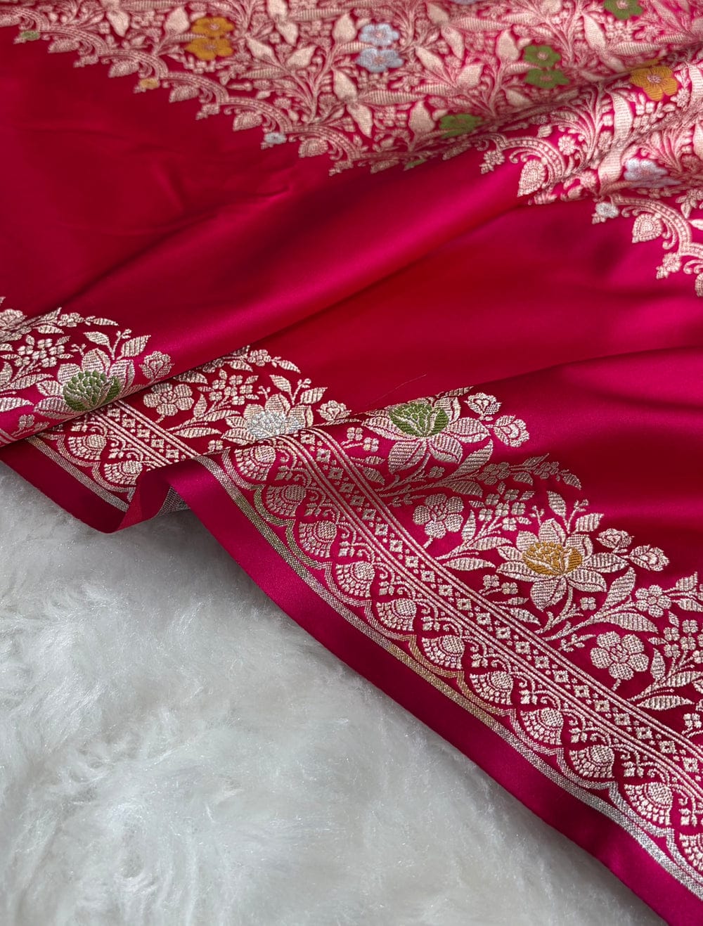 Banarasi Mashru silk meena kari work saree in red colour
