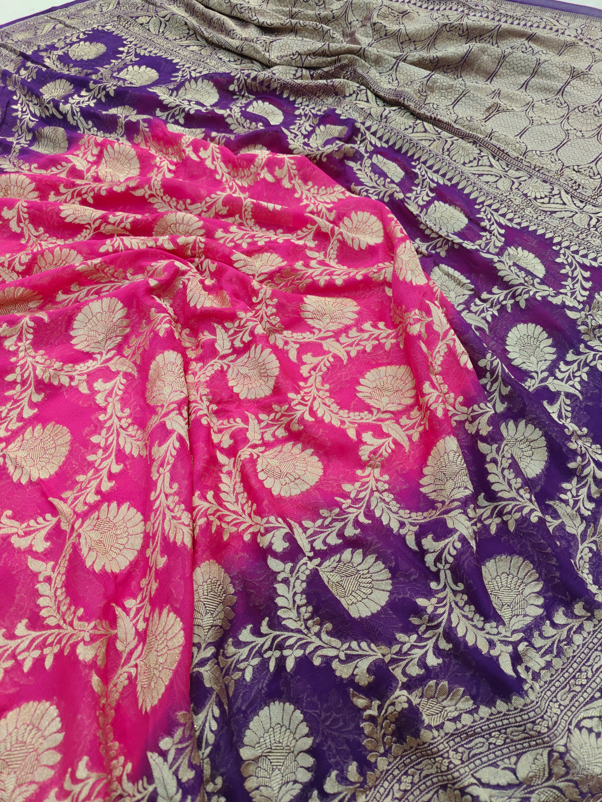 Premium Pure georgette silk sarees in beautiful pink with purple colour combination