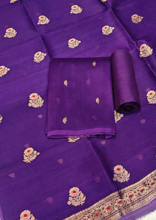Pure Handloom Kora silk suit set in purple colour with meenakari work