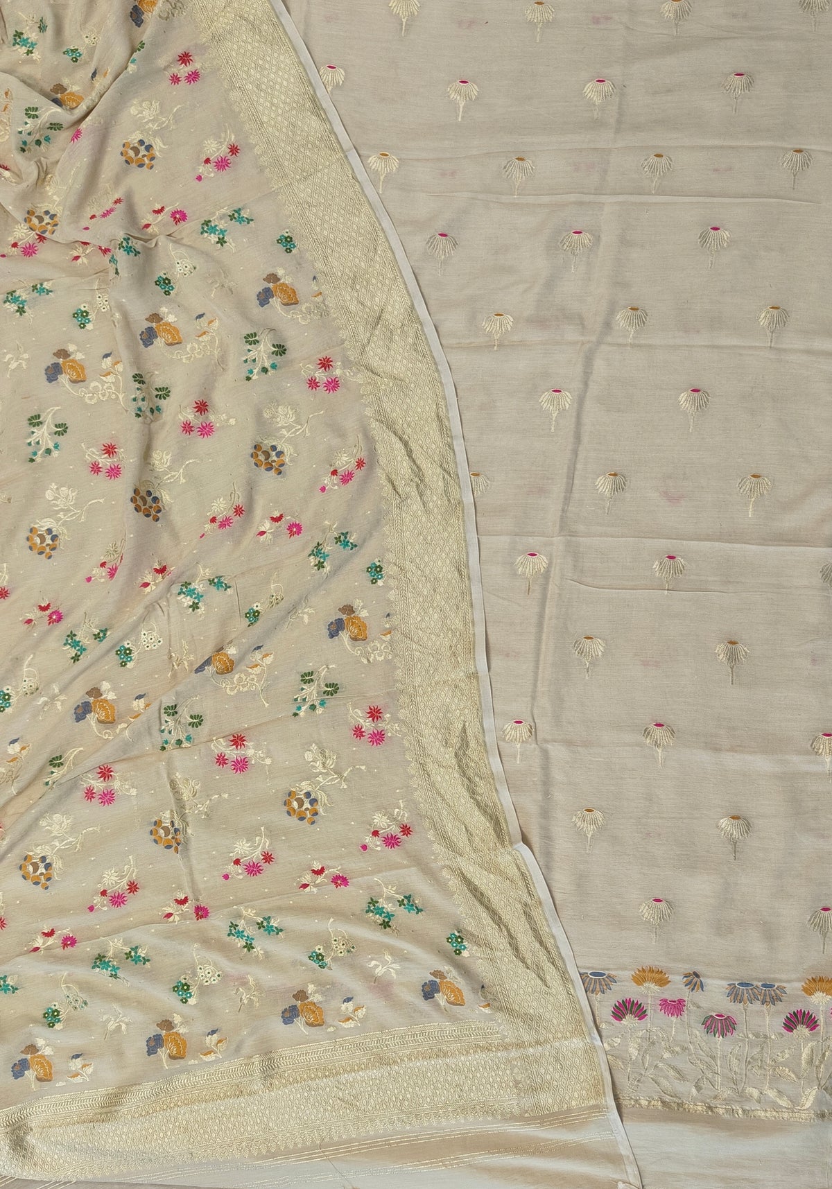 Pure moonga silk suit with meenakari work in off white colour