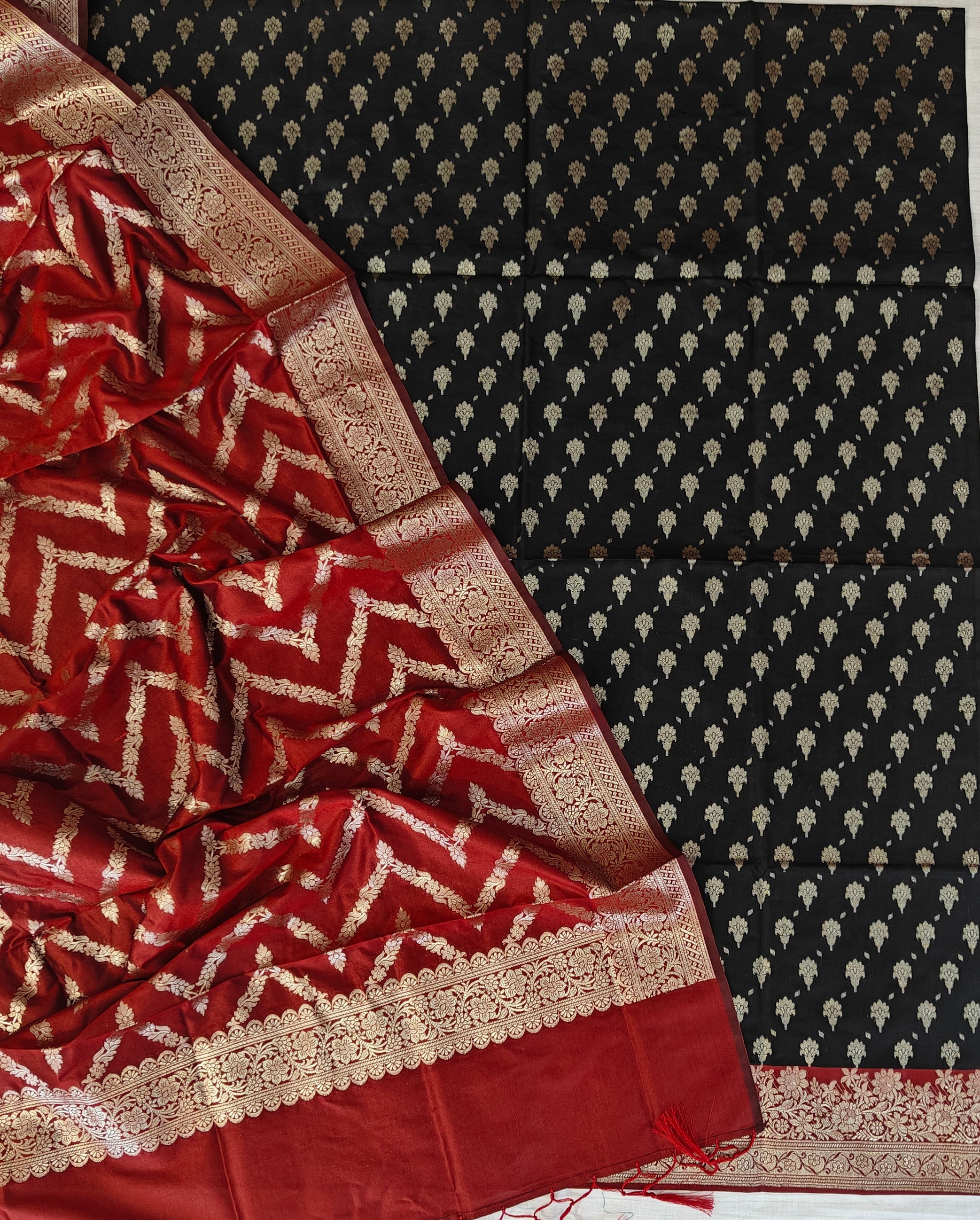 Banarasi soft silk suit in Black and Red colour combination