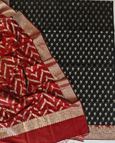 Banarasi soft silk suit in Black and Red colour combination