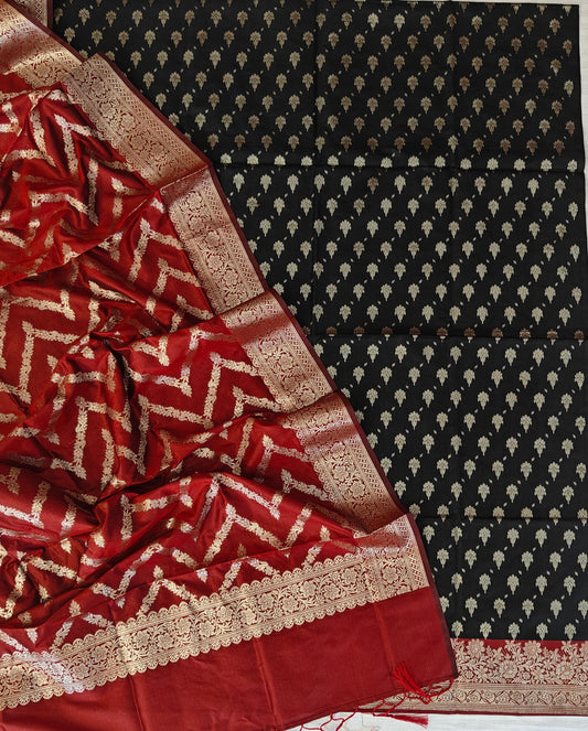 Banarasi soft silk suit in Black and Red colour combination