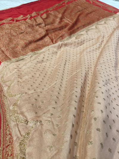 Pure khaddi crepe silk saree laheriya border design with monopoly blouse piece design in off white with blood red