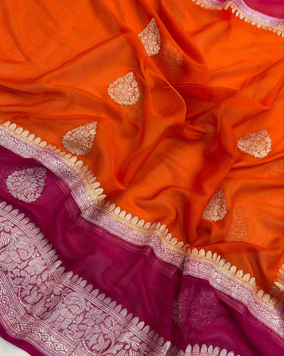 Pure georgette silk saree in temple design in a beautiful combination of orange and rani pink colour