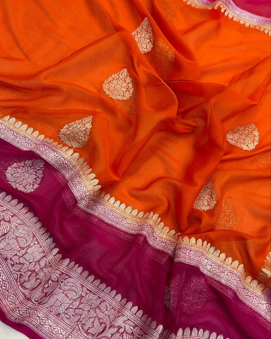 Pure georgette silk saree in temple design in a beautiful combination of orange and rani pink colour