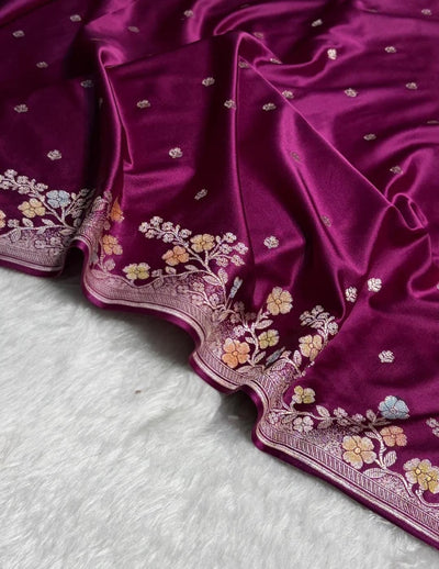 Banarasi Mashru silk saree in magenta colour with handbrush paint work