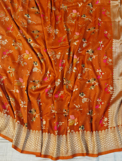 Premium pure georgette banarasi saree in rust orange colour with multiple meenakari work