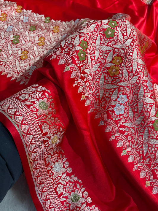 Banarasi Mashru silk meena kari work saree in red colour