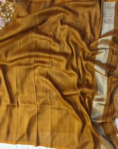 Premium Pure tussar banarasi saree in brown colour with multiple meenakari work