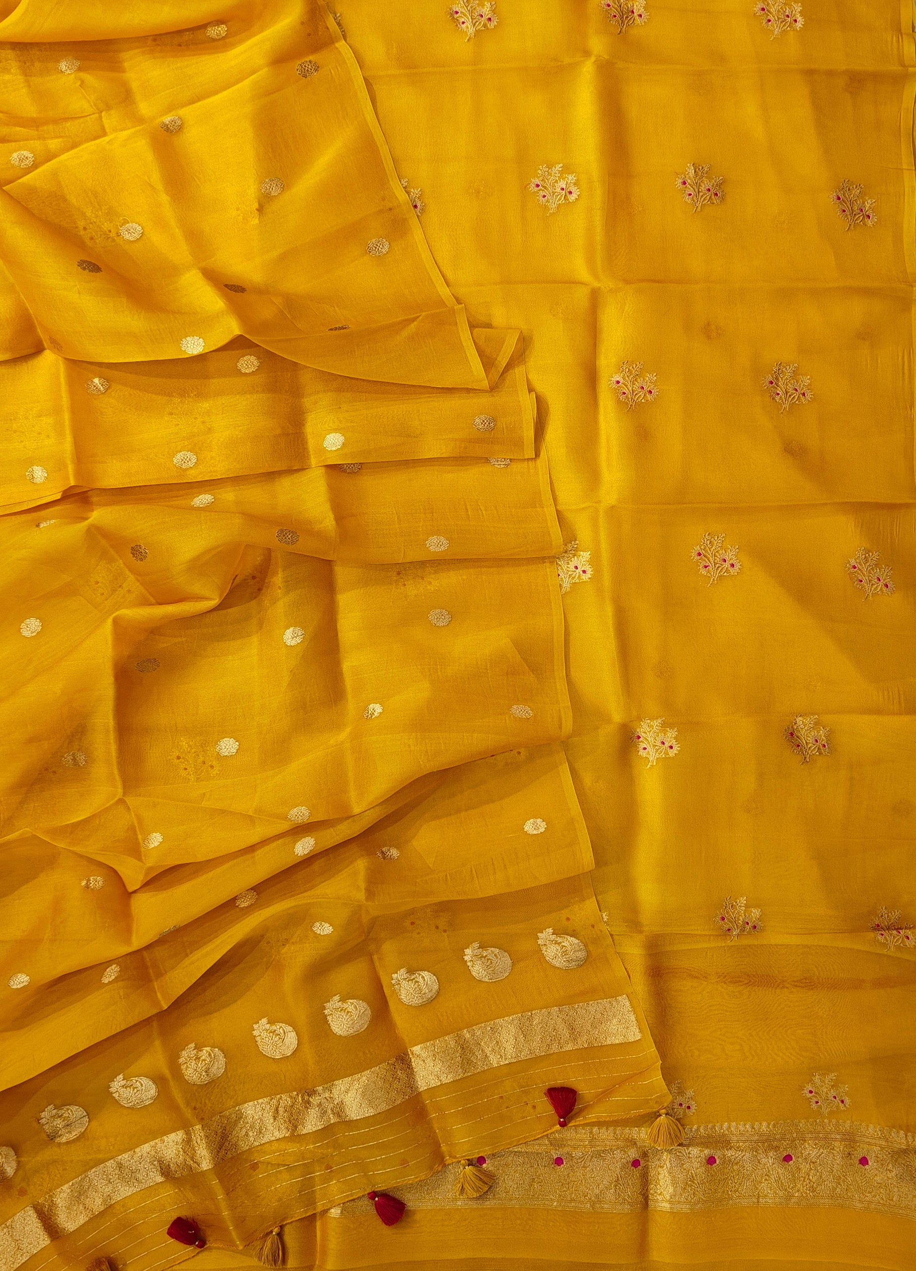 Pure Handloom Kora silk suit set in mustar yellow colour with meenakari work