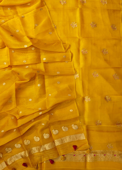 Pure Handloom Kora silk suit set in mustar yellow colour with meenakari work