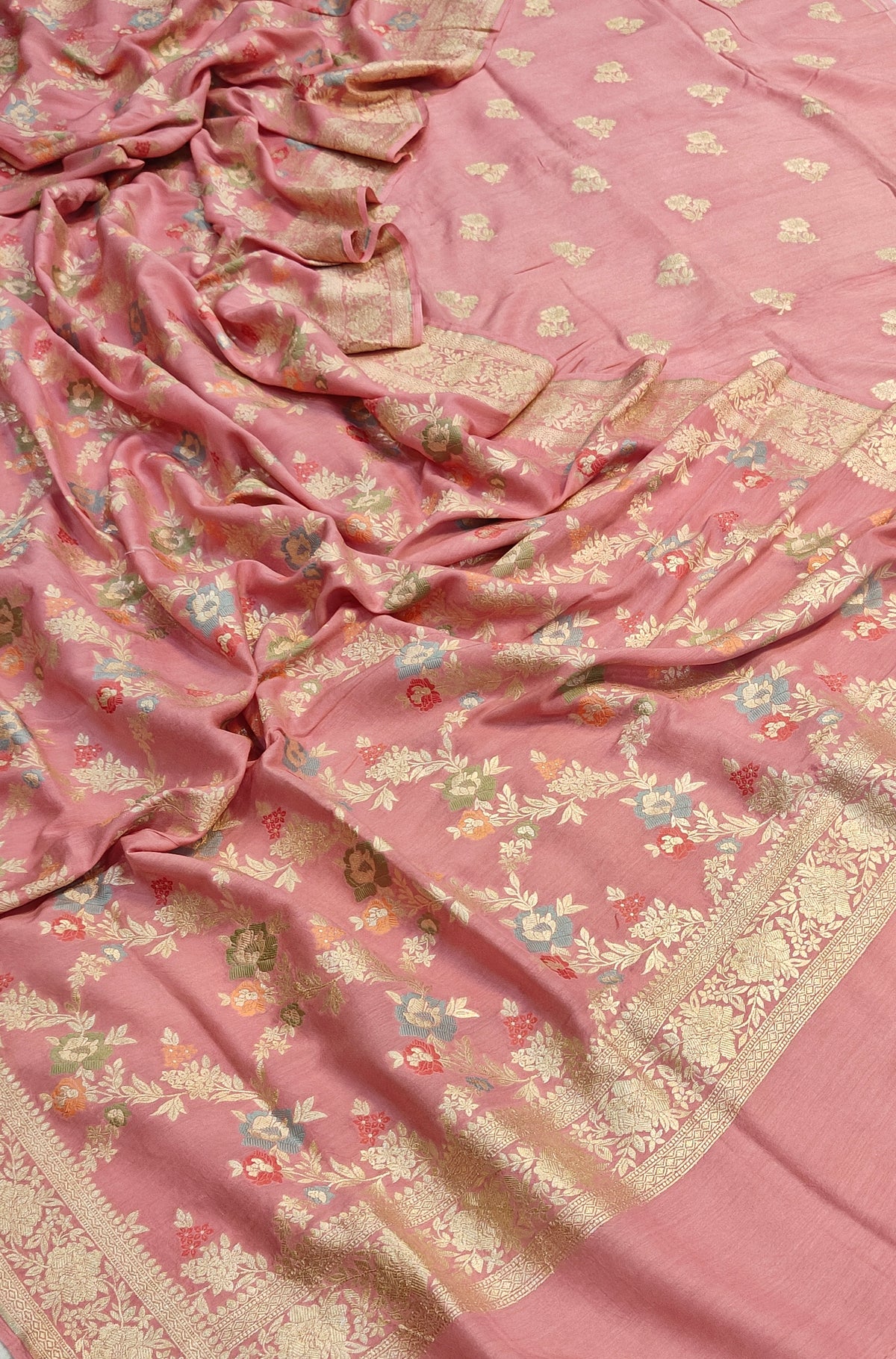 Pure moonga silk suit with meenakari work in baby pink colour