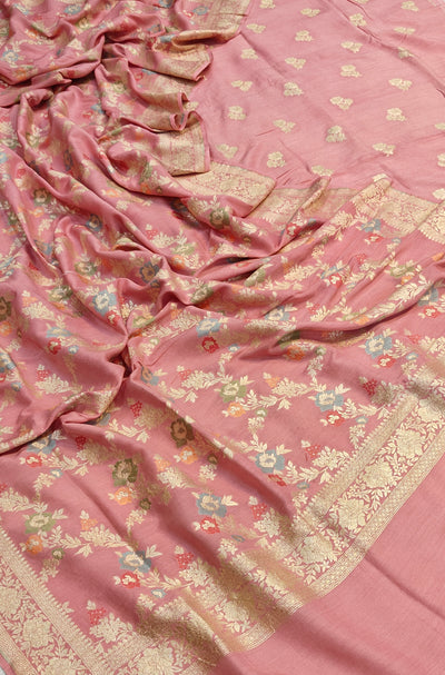 Pure moonga silk suit with meenakari work in baby pink colour