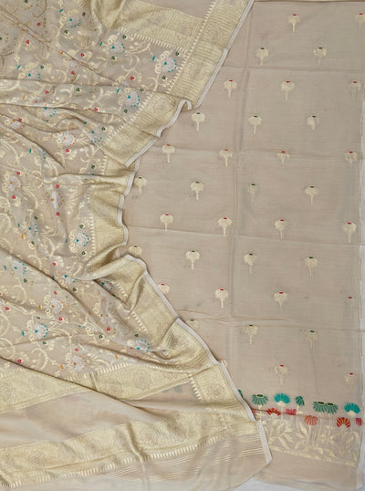 Pure moonga silk suit with meenakari work in off white colour