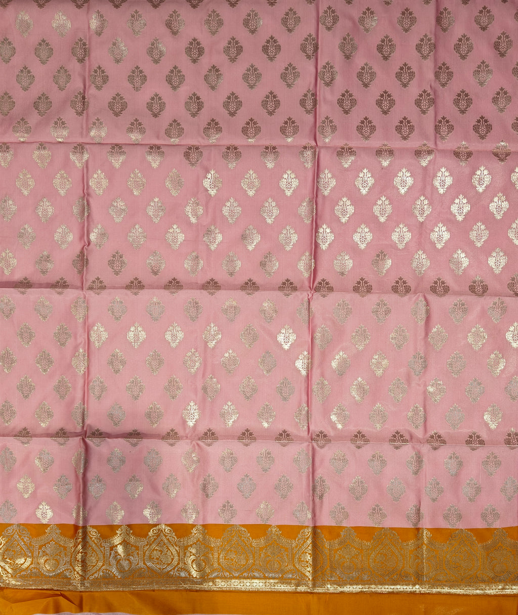 Banarasi soft silk suit in baby pink and fanta orange colour combination