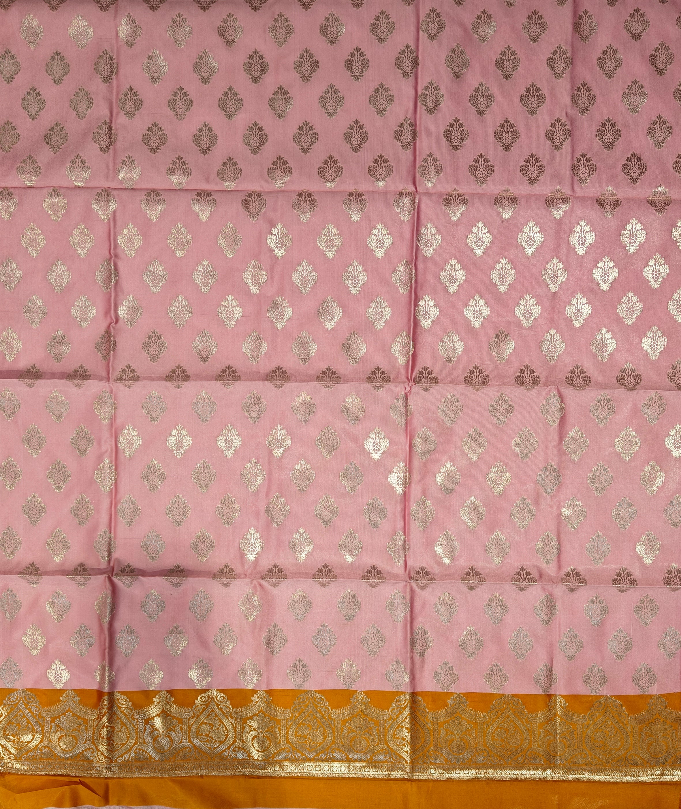 Banarasi soft silk suit in baby pink and fanta orange colour combination