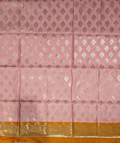 Banarasi soft silk suit in baby pink and fanta orange colour combination