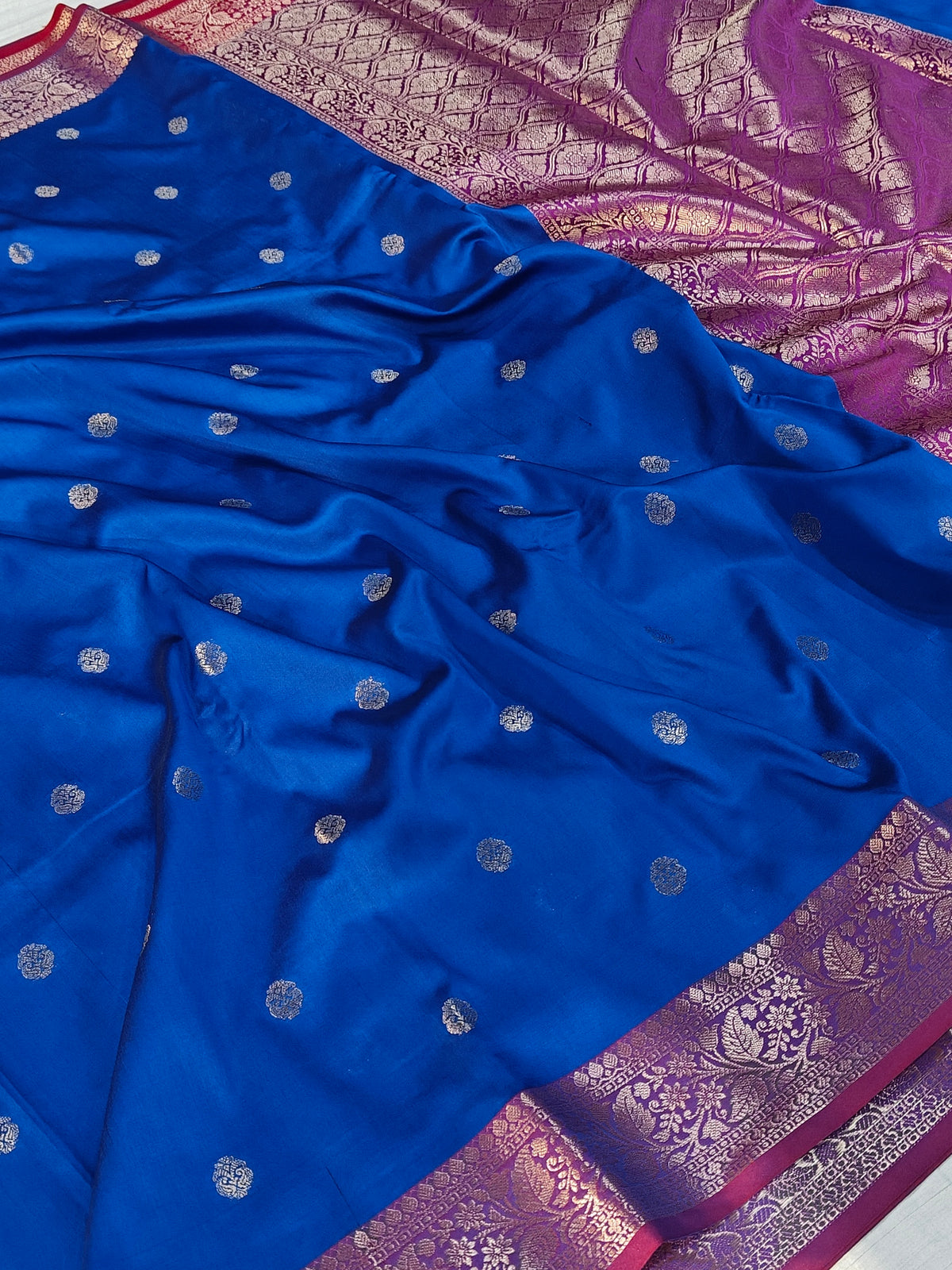 Banarasi soft katan silk saree in   blue with rani colour contrast