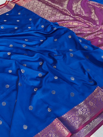 Banarasi soft katan silk saree in   blue with rani colour contrast