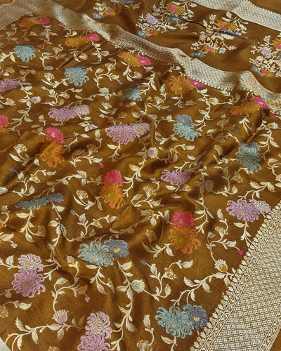 Premium Pure tussar banarasi saree in brown colour with multiple meenakari work
