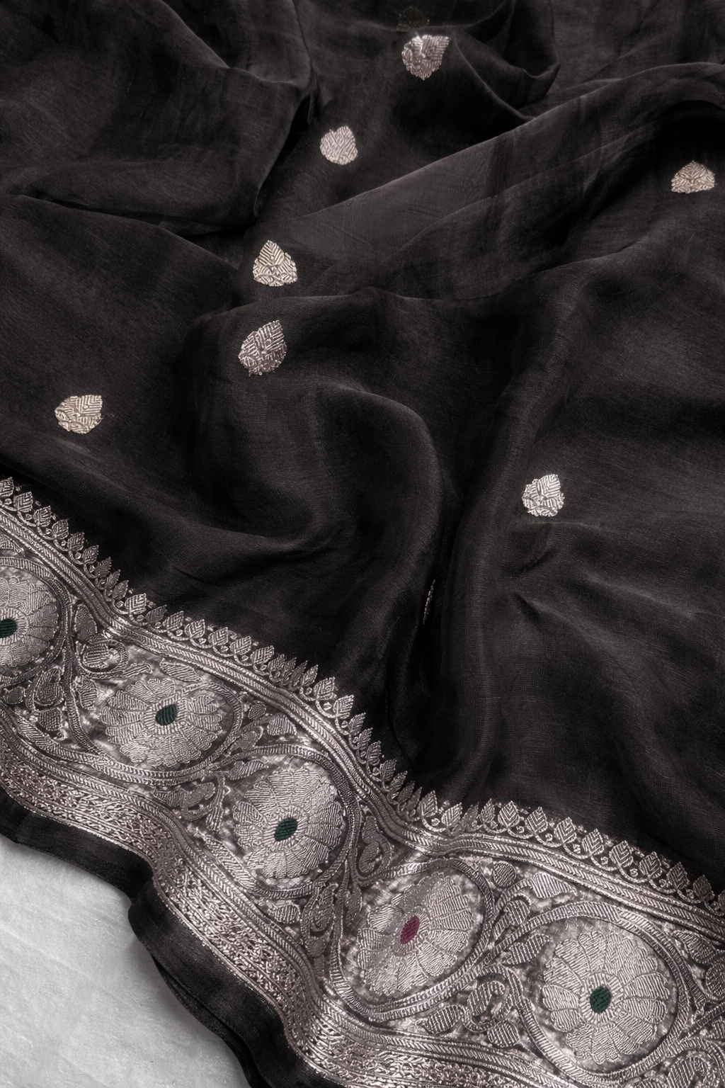 BLACK COLOUR PURE KHADDI CHIFFON TISSUE SILK SAREE